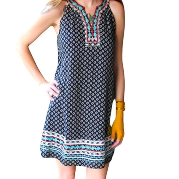 THML Dress Anthropologie Embroidered Sleeveless Dress Blue White Red Size Small - Picture 1 of 12